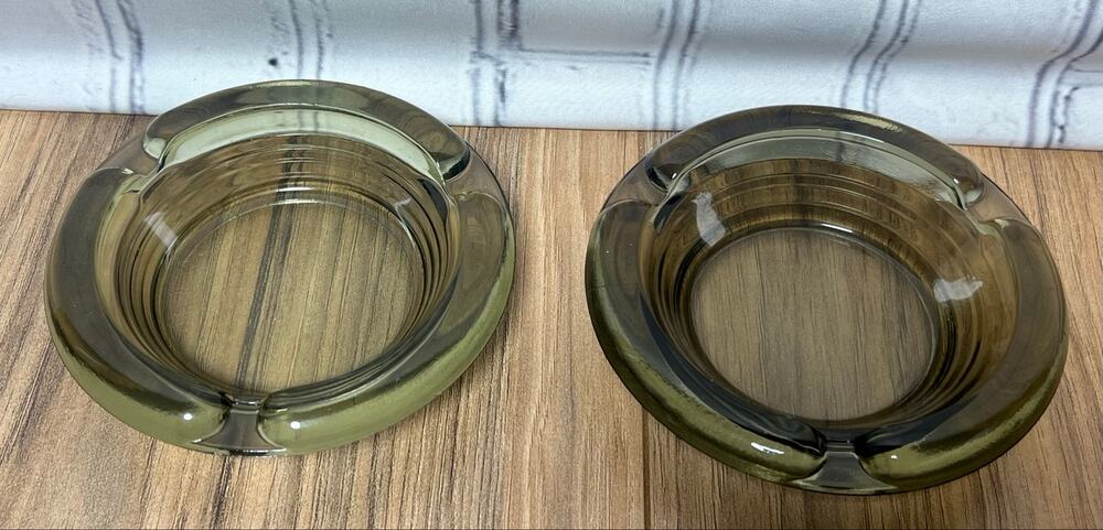 Vintage Smoke Green Brown Glass Ashtrays Set of 2 MCM 4 Rest 5”